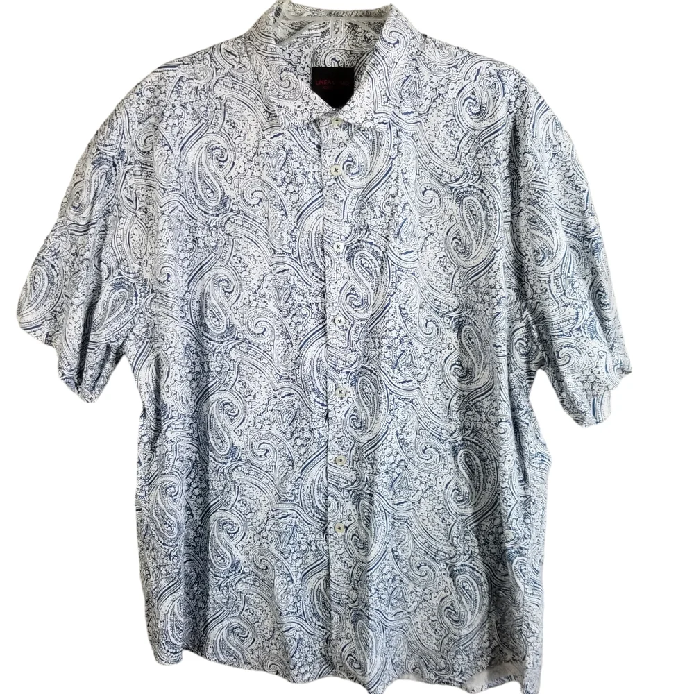 Linea Uomo Mens 2XL Shirt Linen‎ Blend Short Sleeve Button Blue Paisley All Over - Picture 2 of 8